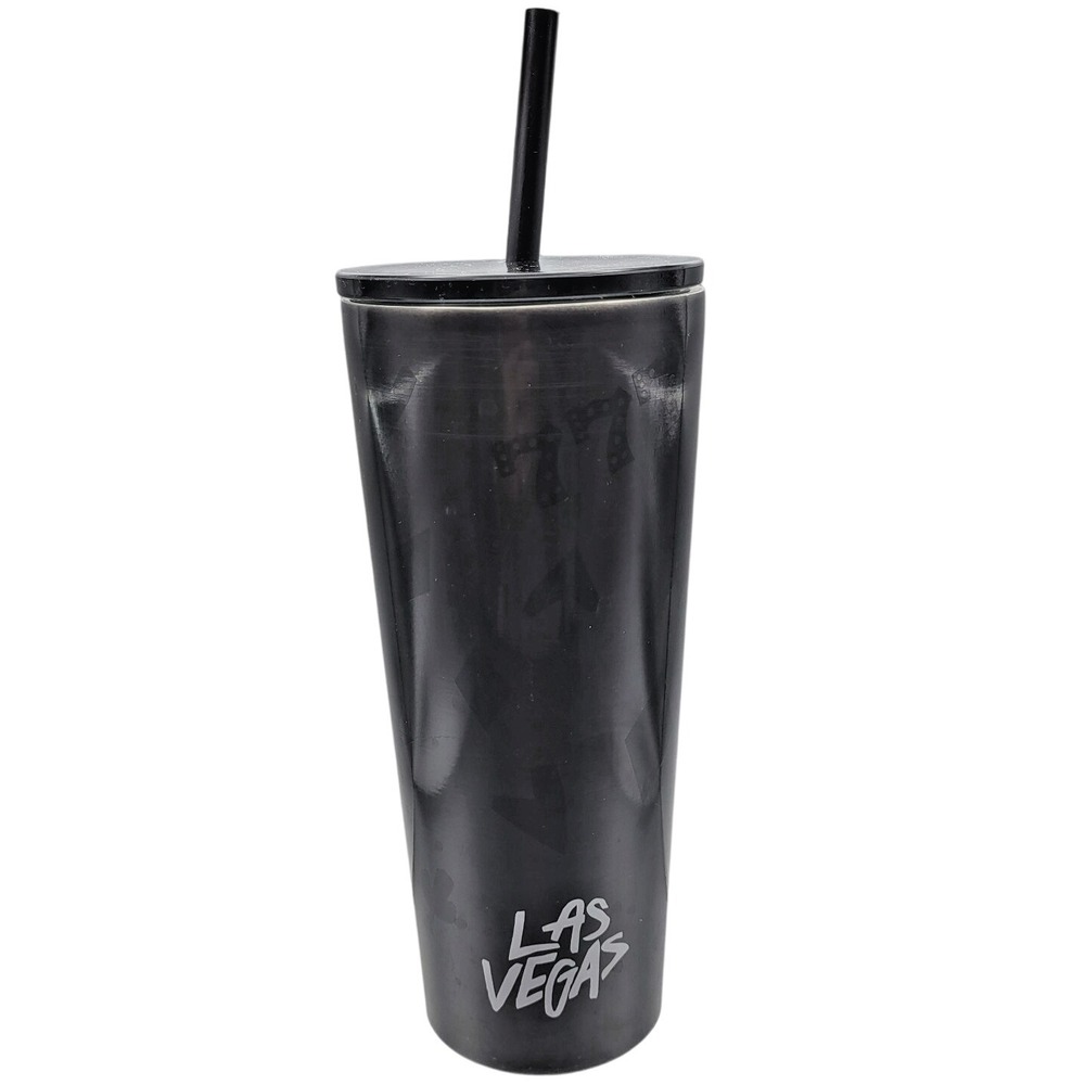 Starbucks 2019 Las Vegas Metal Tumbler w Straw, Lid 16oz Black Hearts Spades 777 - Picture 1 of 10